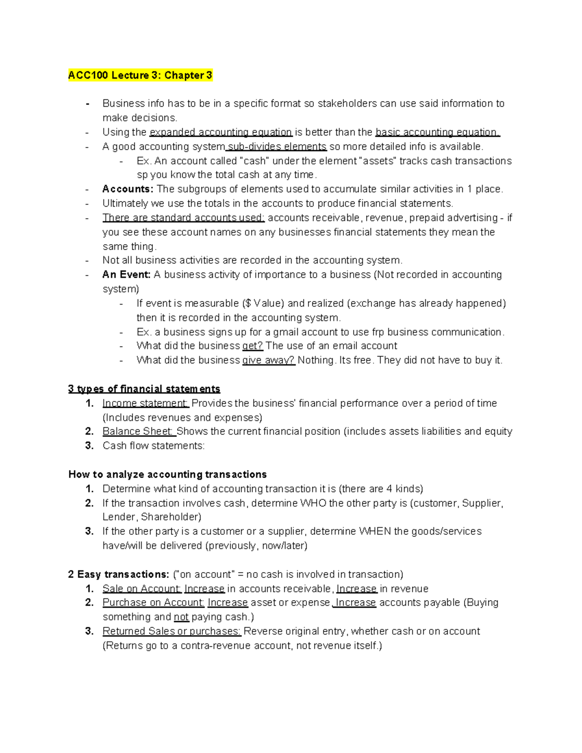 ACC100 Lecture 3 23 9 19 - ACC100 Lecture 3: Chapter 3 - Business Info ...