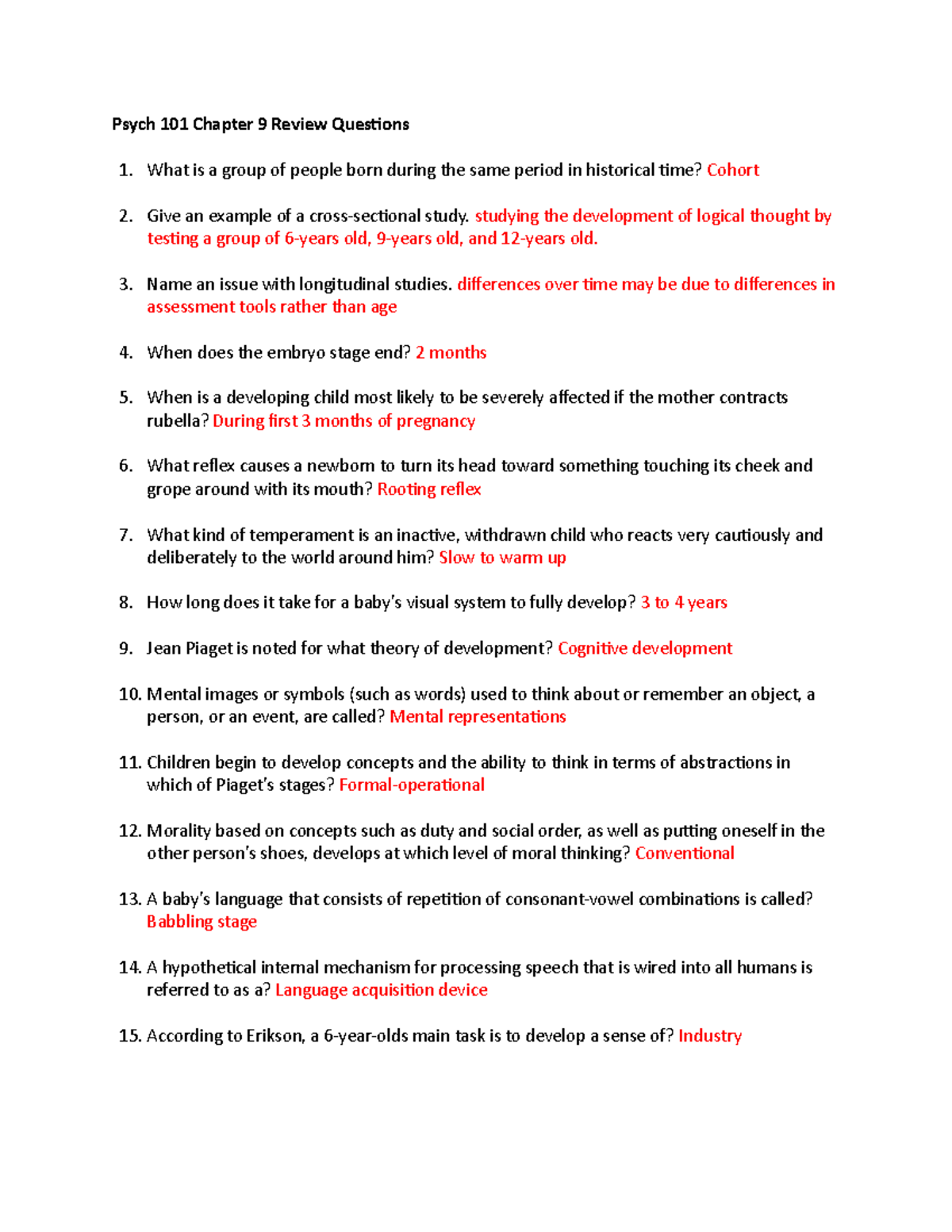 Psych 101 Chapter 9 Review Questions - Psych 101 Chapter 9 Review ...