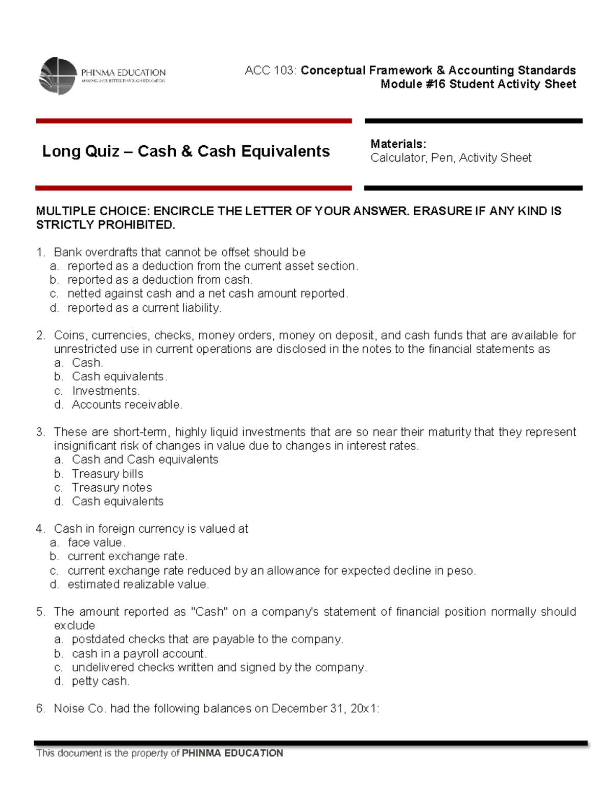 ACC 103 DAY 16 SAS - Module #16 Student Activity Sheet Long Quiz – Cash ...