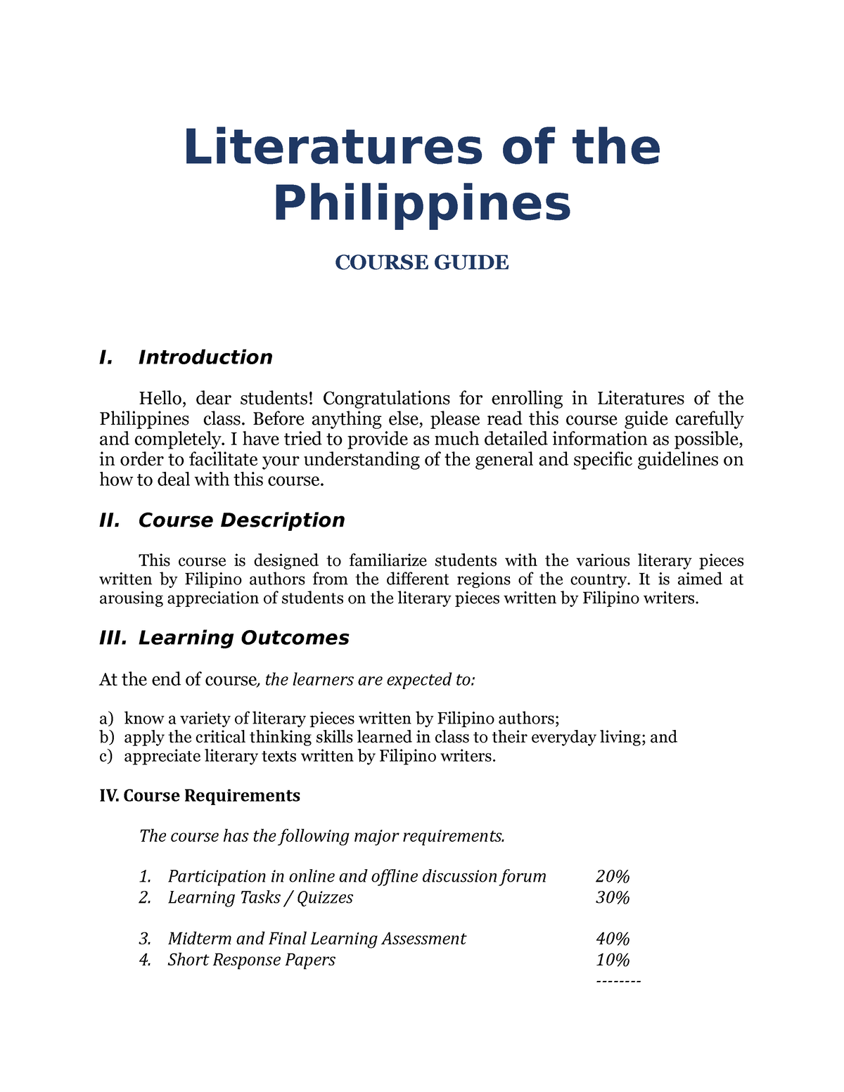 Course Guide Lit 11 - Literatures of the Philippines COURSE GUIDE I ...