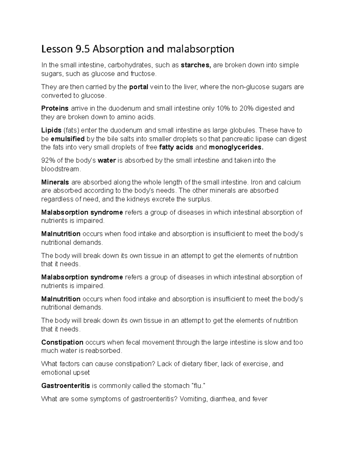 Lesson 9.5 Absorption and malabsorption Lesson 9 Absorption and