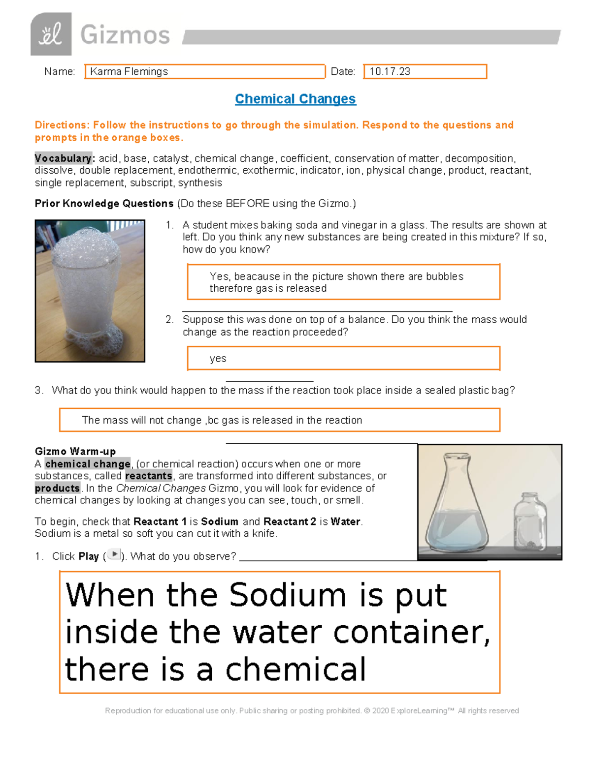 Chemical Changes Student Handout - Name: Karma Flemings Date: 10 ...