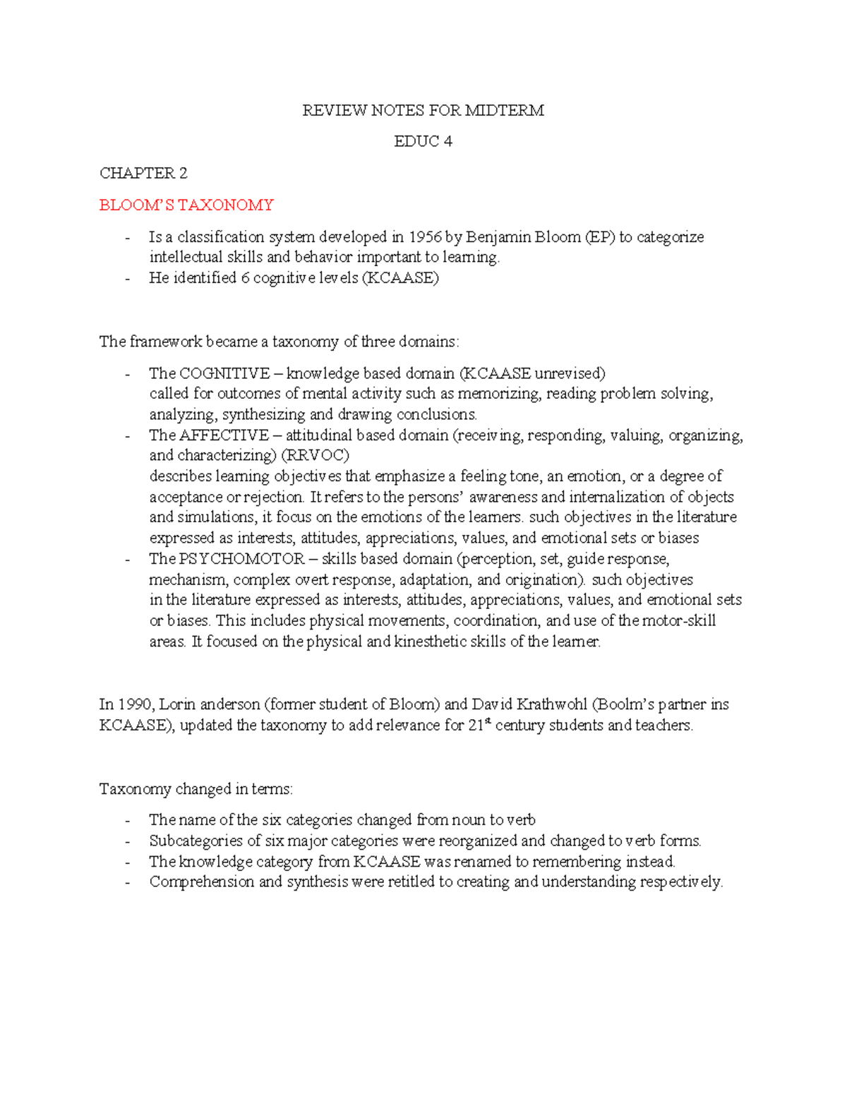 Review Notes FOR Midterm - REVIEW NOTES FOR MIDTERM EDUC 4 CHAPTER 2 ...