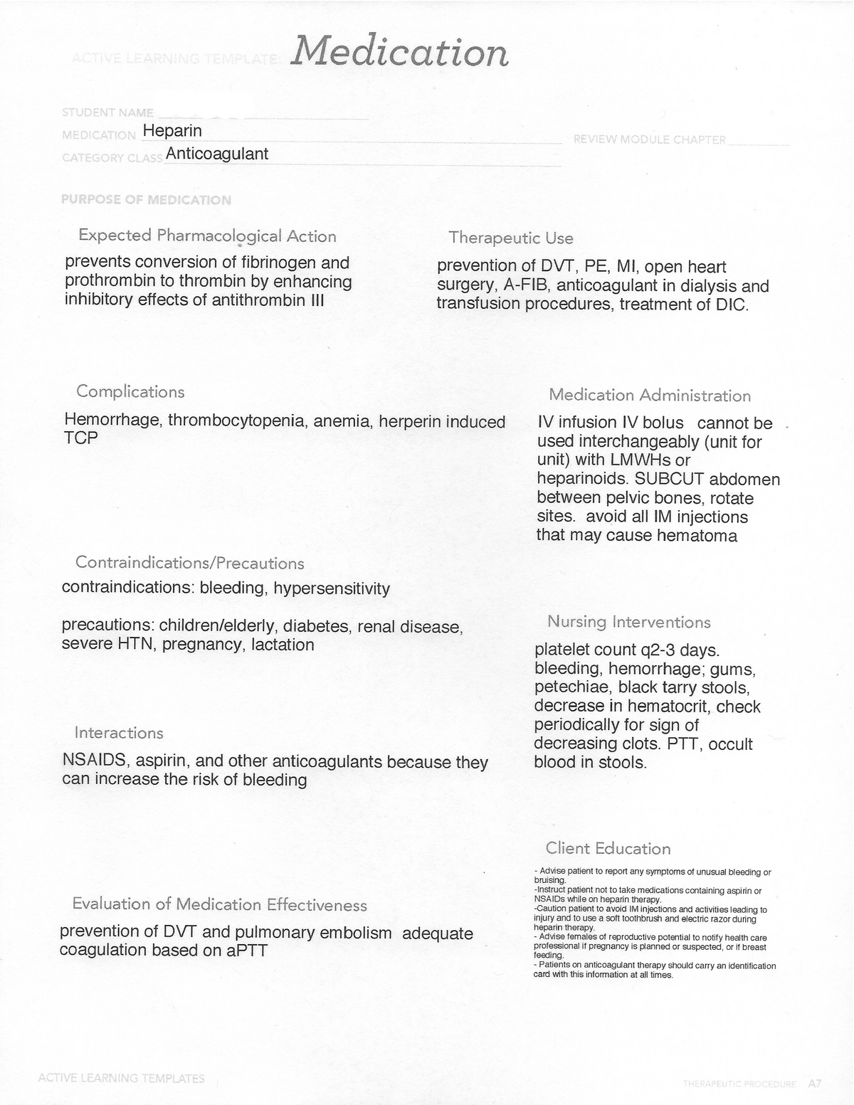 Heparin Ati medication template NUR 102 Studocu