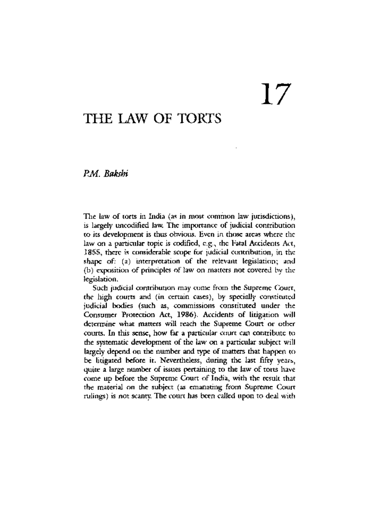 The Law of Torts notes 17 THE LAW OF TORTS P. Bakshi The law of