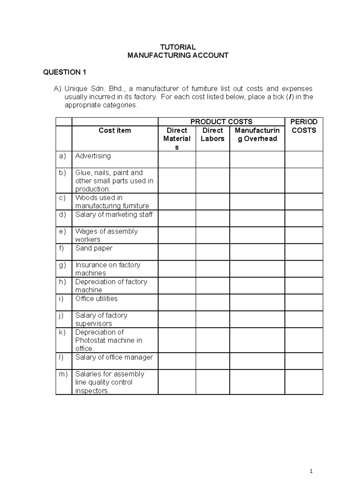 Manufacturing Account exercise - TUTORIAL MANUFACTURING ACCOUNT ...