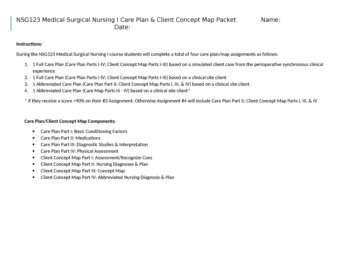 NSG 123 Care Plan Client Concept Map Packet Final - NSG123 Medical ...