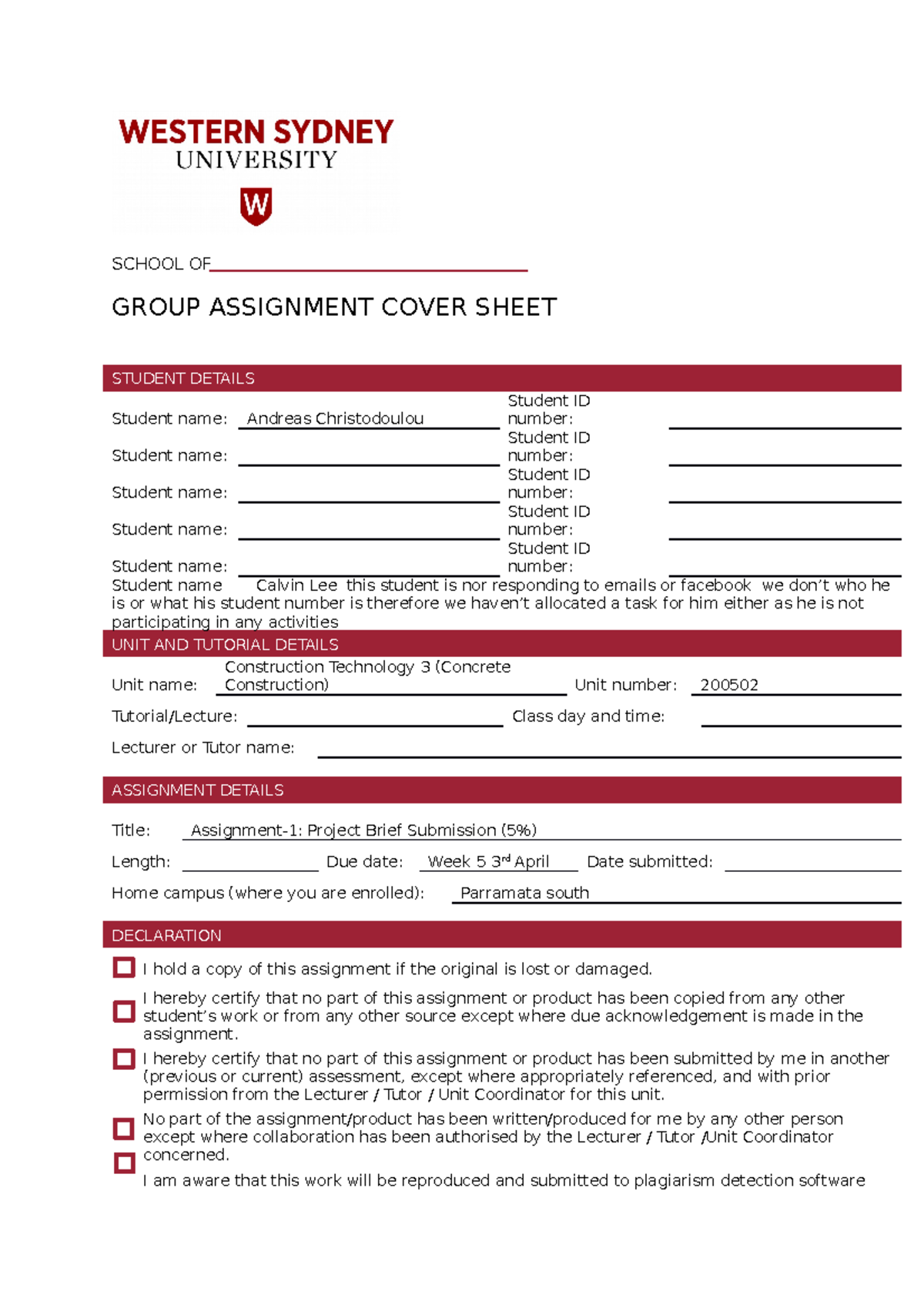 uon group assignment cover sheet