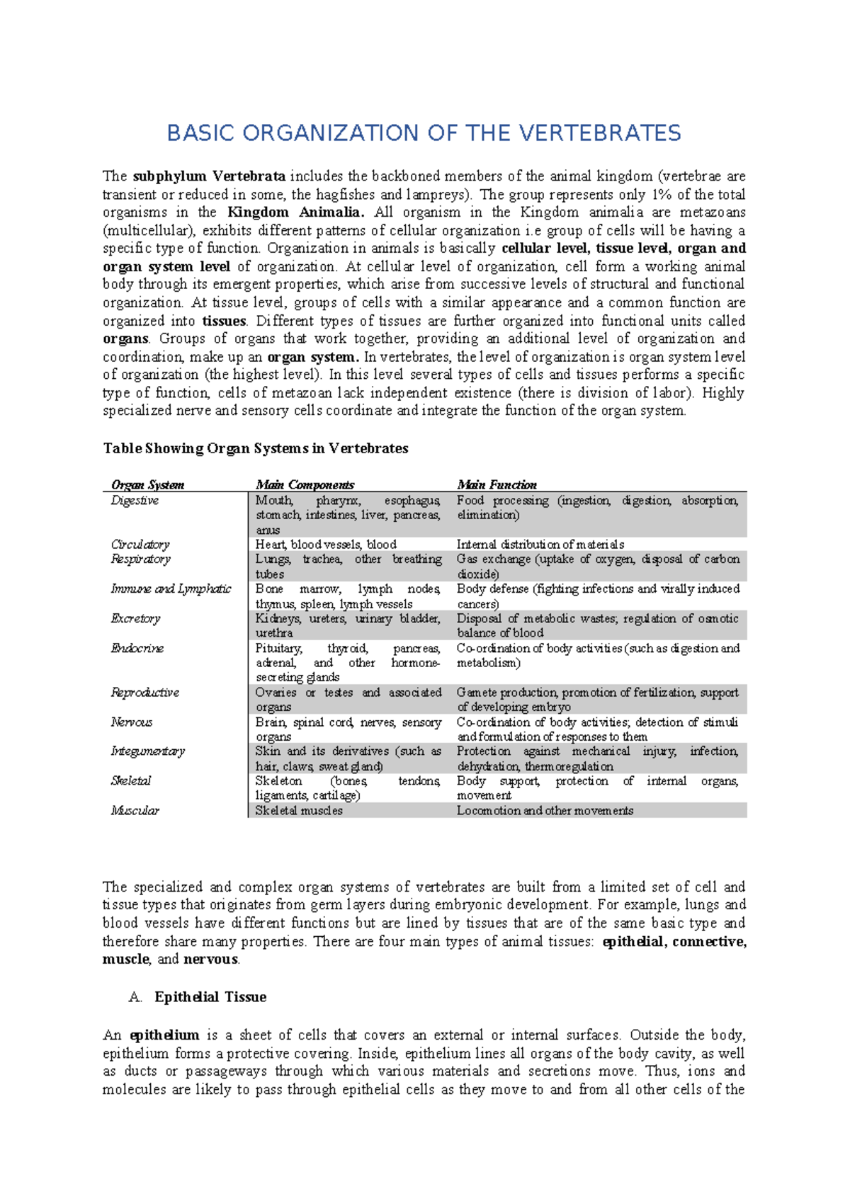 Basic Organization OF THE Vertebrates - BASIC ORGANIZATION OF THE ...