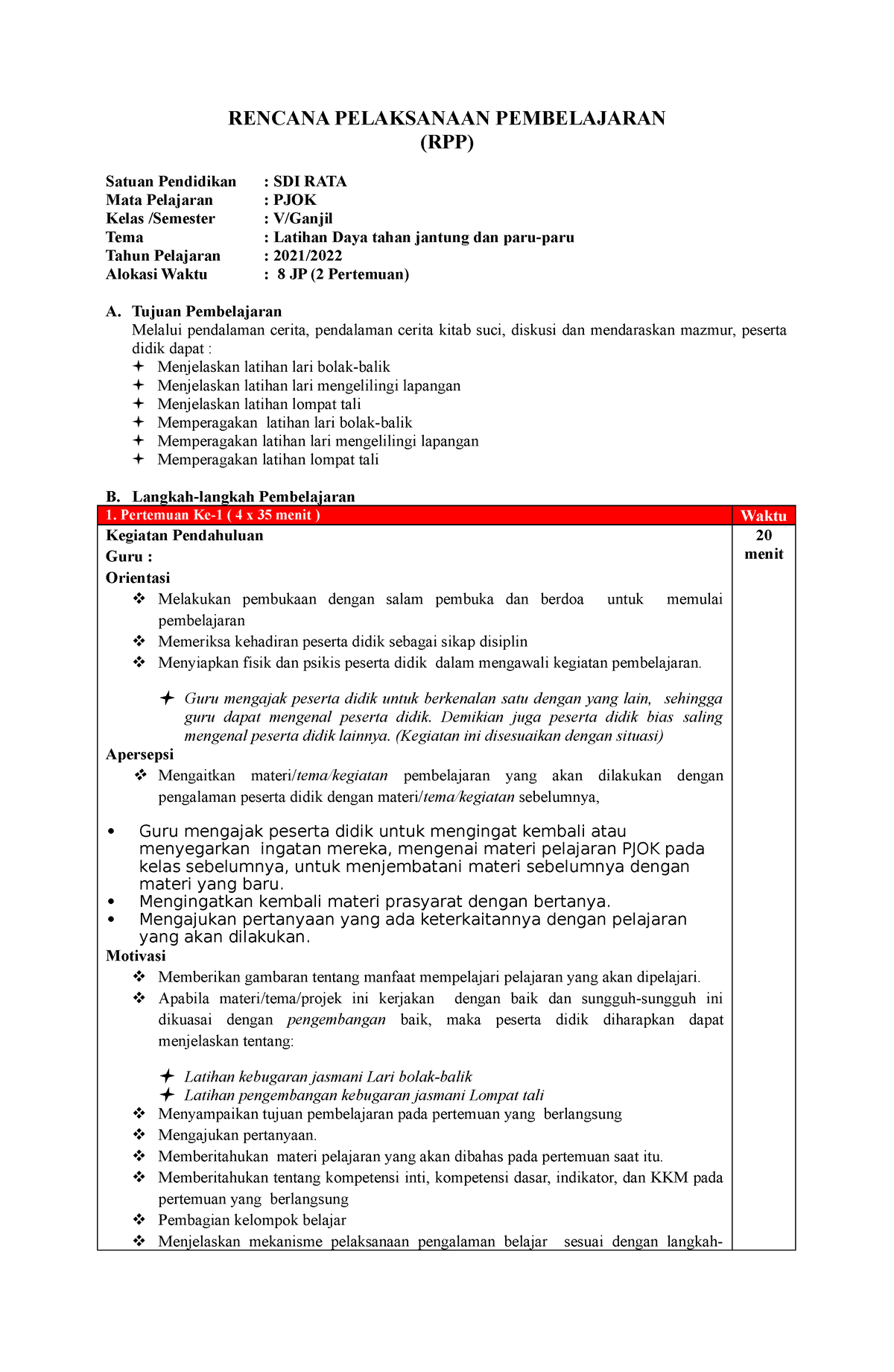 11. RPP. KD 3.5 Subtema A - Daya Tahan Jantung Dan Paru-paru - RENCANA ...