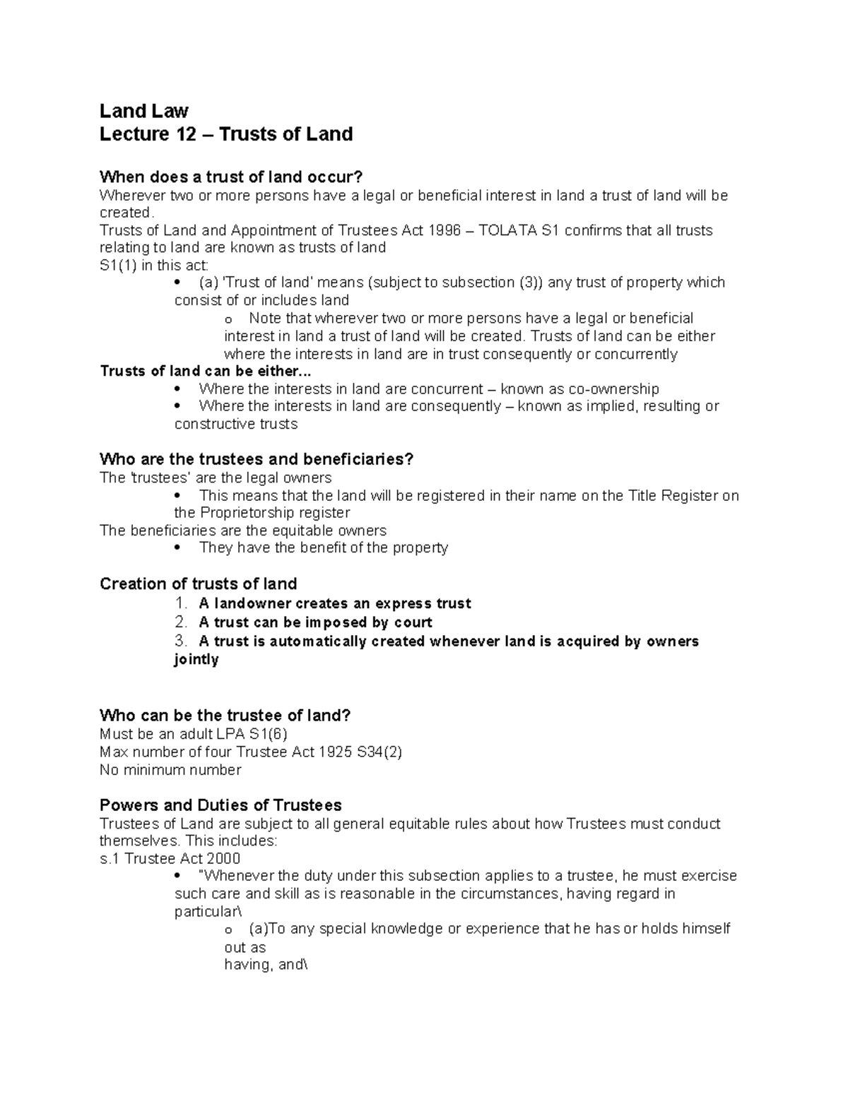 L12 Trusts of Land - Land Law Lecture 12 – Trusts of Land When does a ...