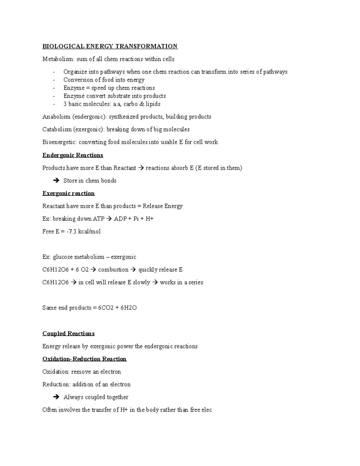 Biological Energy Transformation BIOLOGICAL ENERGY TRANSFORMATION