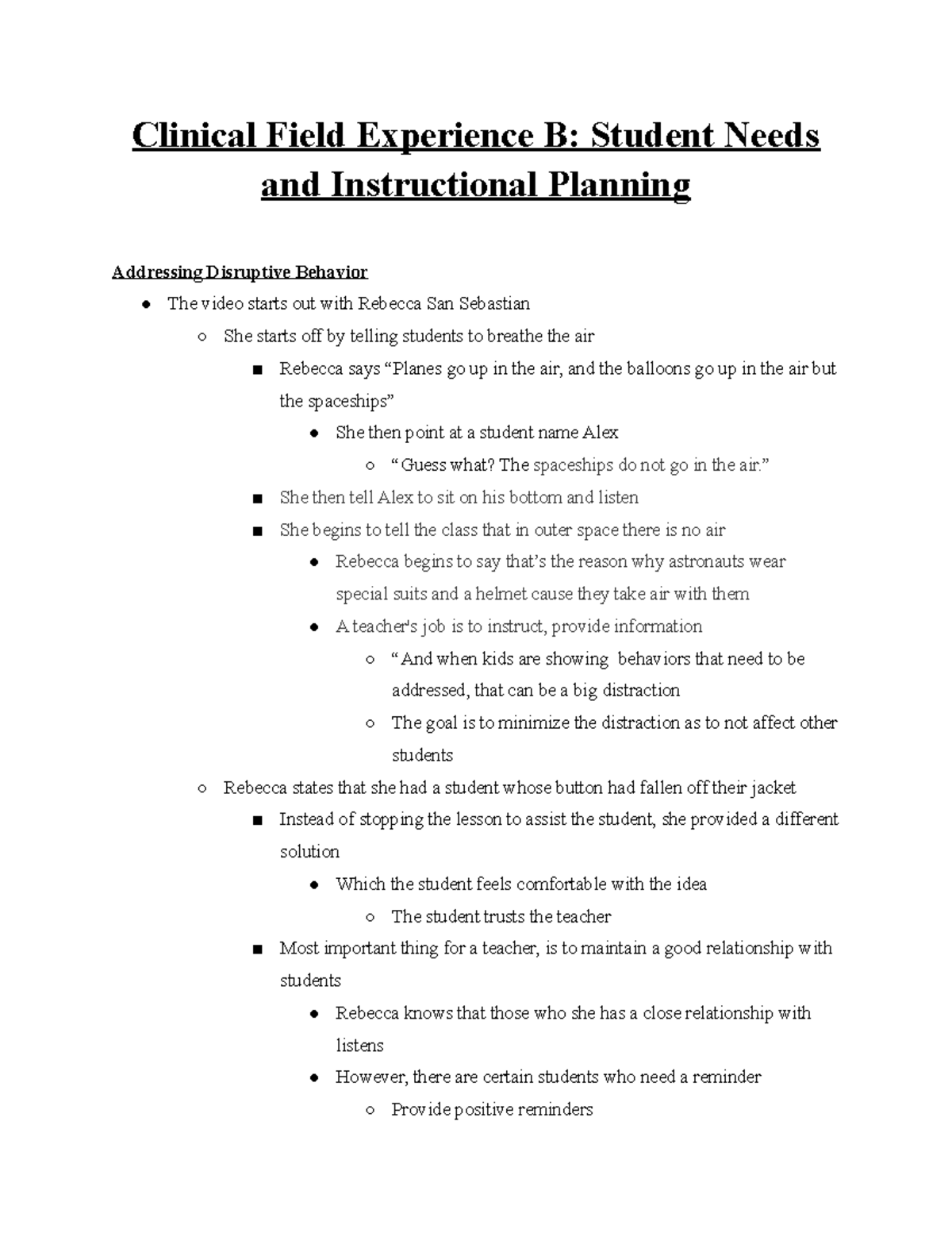 Clinical Field Experience B Student Needs And Instructional Planning ...