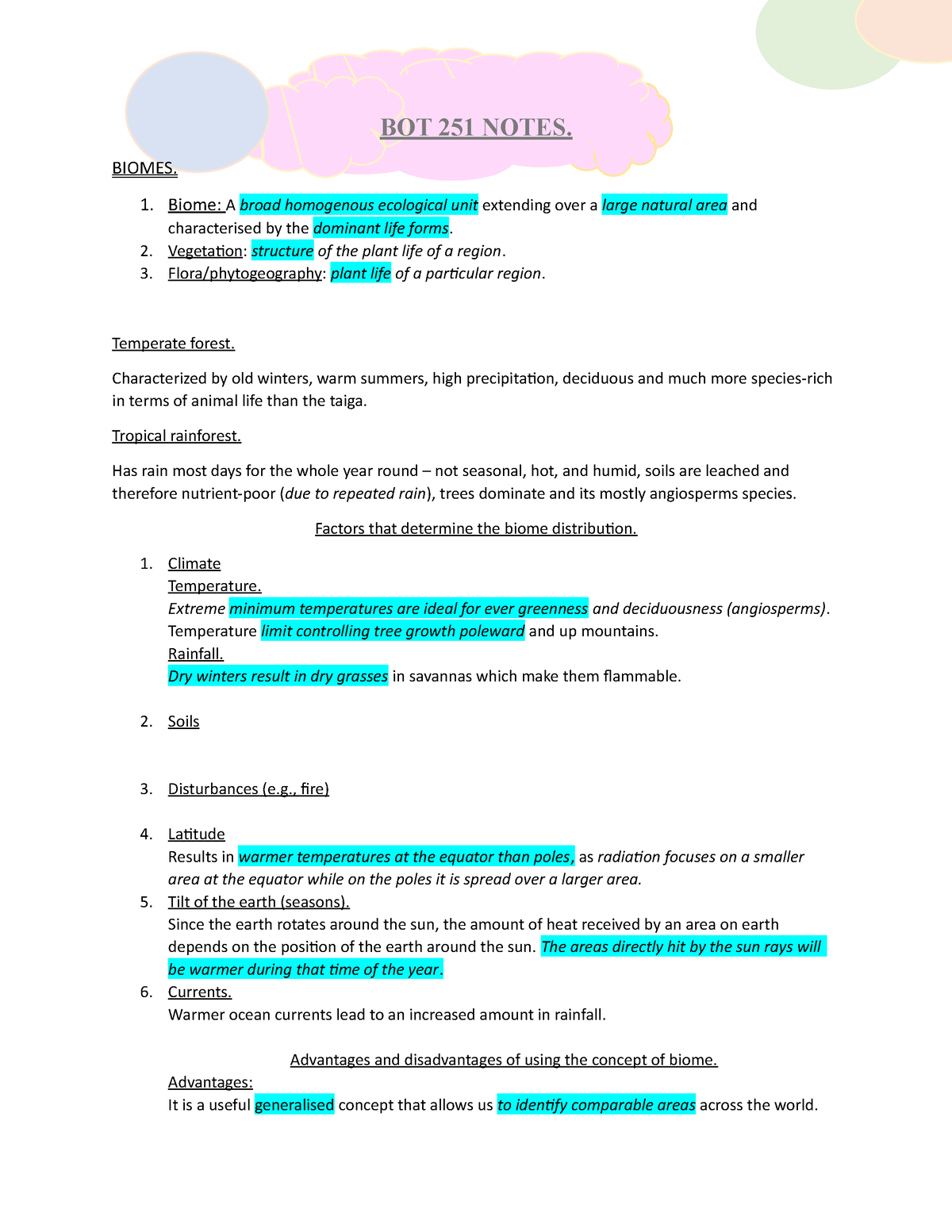 BOT Notes - BOT 251 NOTES. BIOMES. 1. Biome: A Broad Homogenous ...