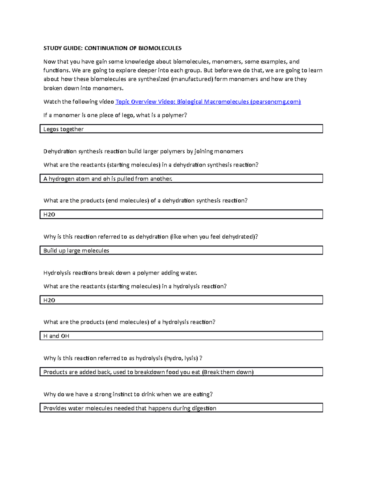 Study guide on biomolecules STUDY GUIDE CONTINUATION OF BIOMOLECULES