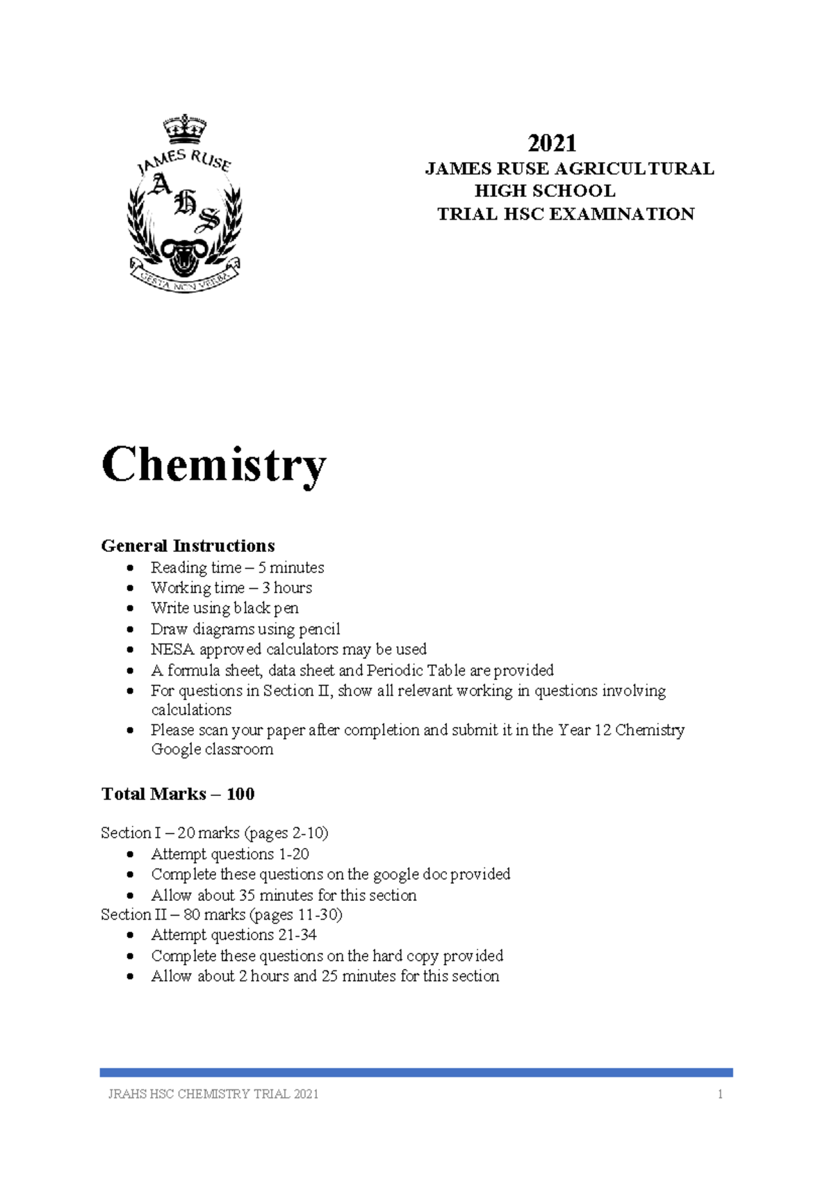 Chem 2021 James Ruse Chemistry General Instructions Reading time 5