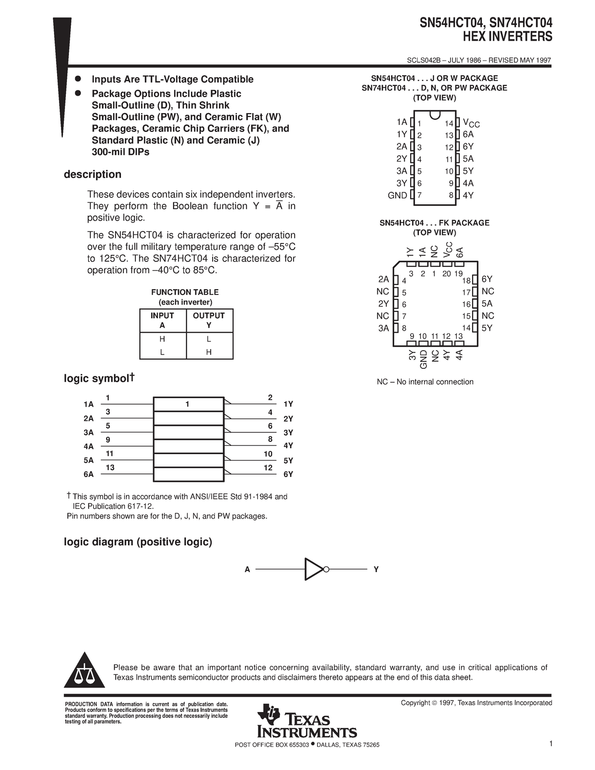 74hct04datasheet - Lecture notes 1 SN54HCT04 SN74HCT04 HEX INVERTERS ...