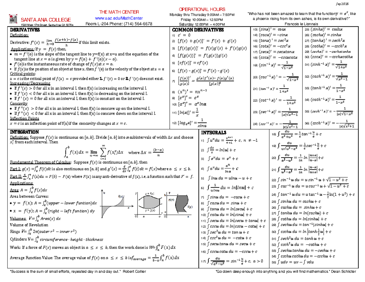 Calculus Formula sheet - /ep SANTA ANA COLLEGE 1530 West 17th Street ...