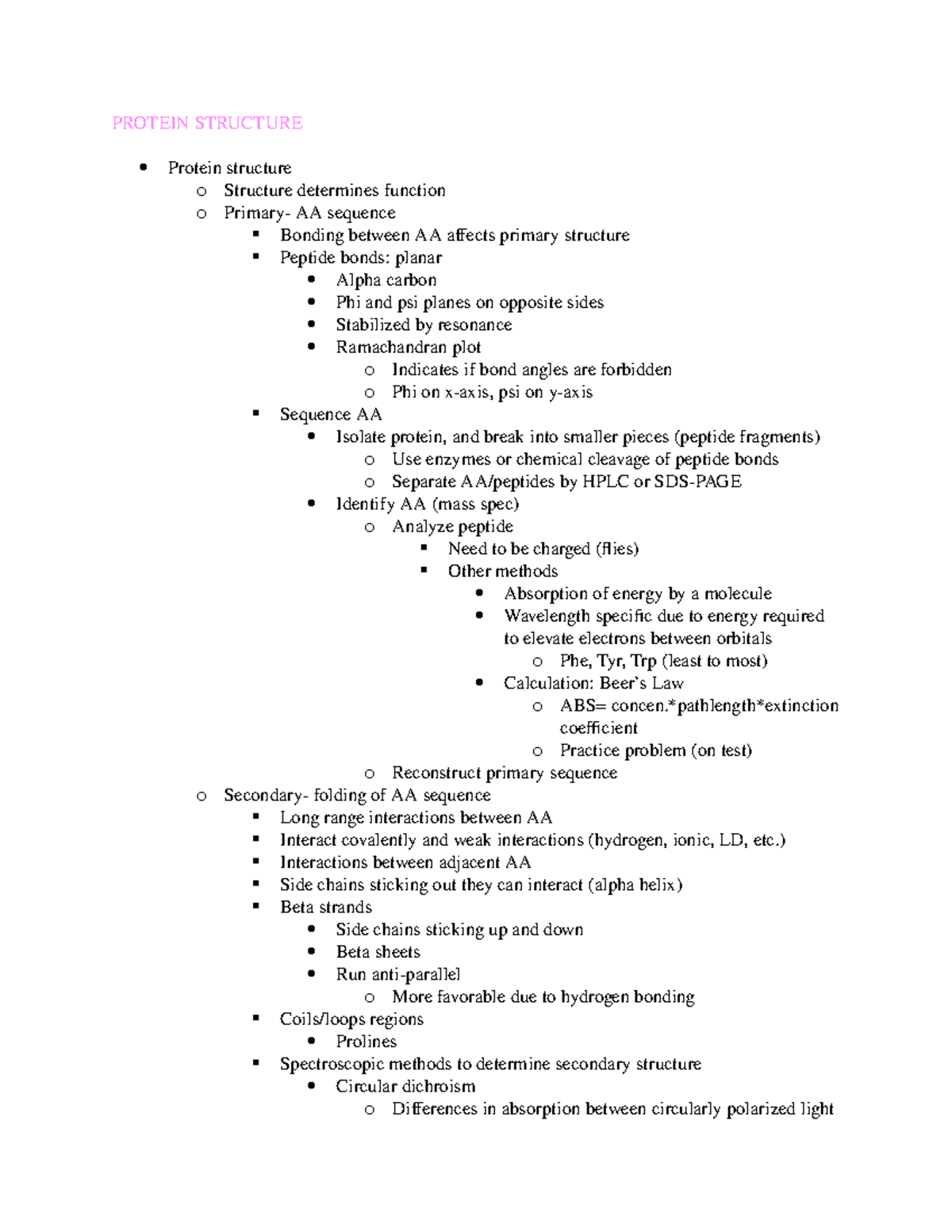 Protein Structure lecture notes PROTEIN STRUCTURE Protein structure