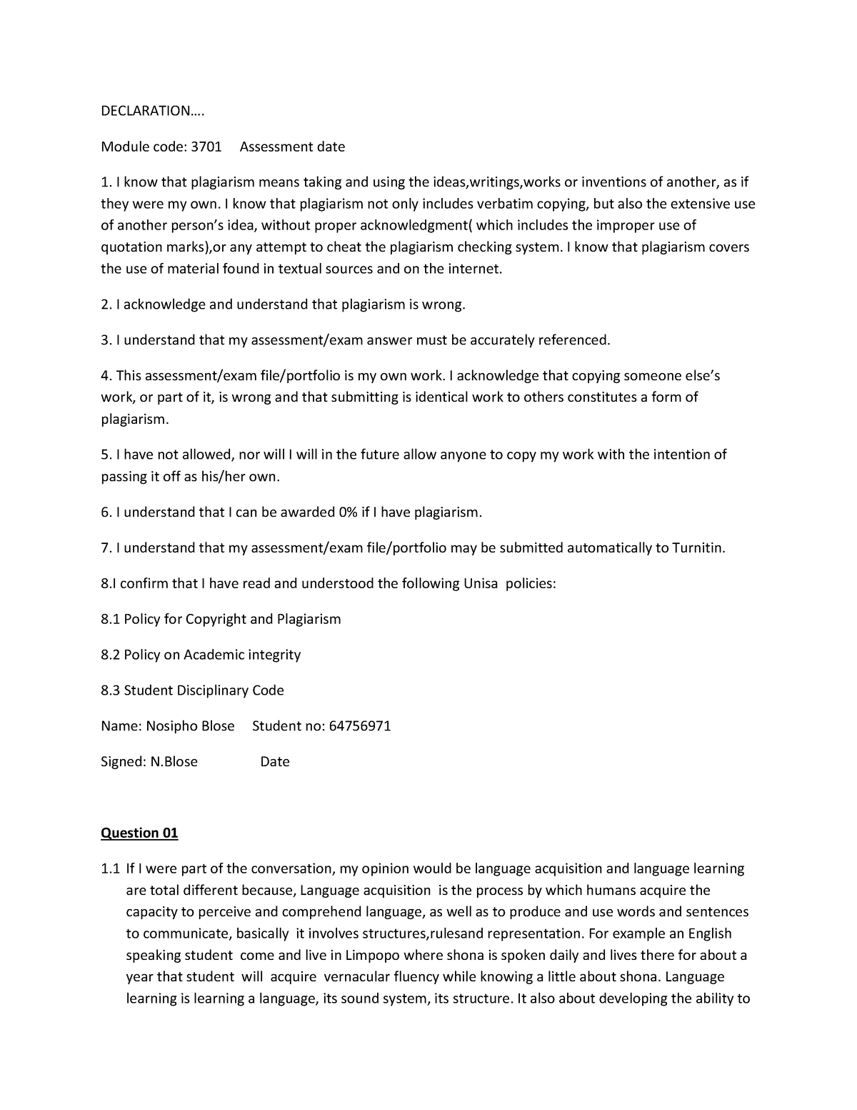 TMN3701 Assignment 02 N - DECLARATION.... Module Code: 3701 Assessment ...