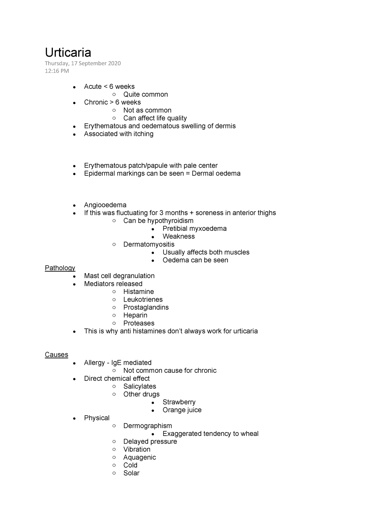 Dermatology Notes - Urticaria - Urticaria Thursday, 17 September 2020 ...