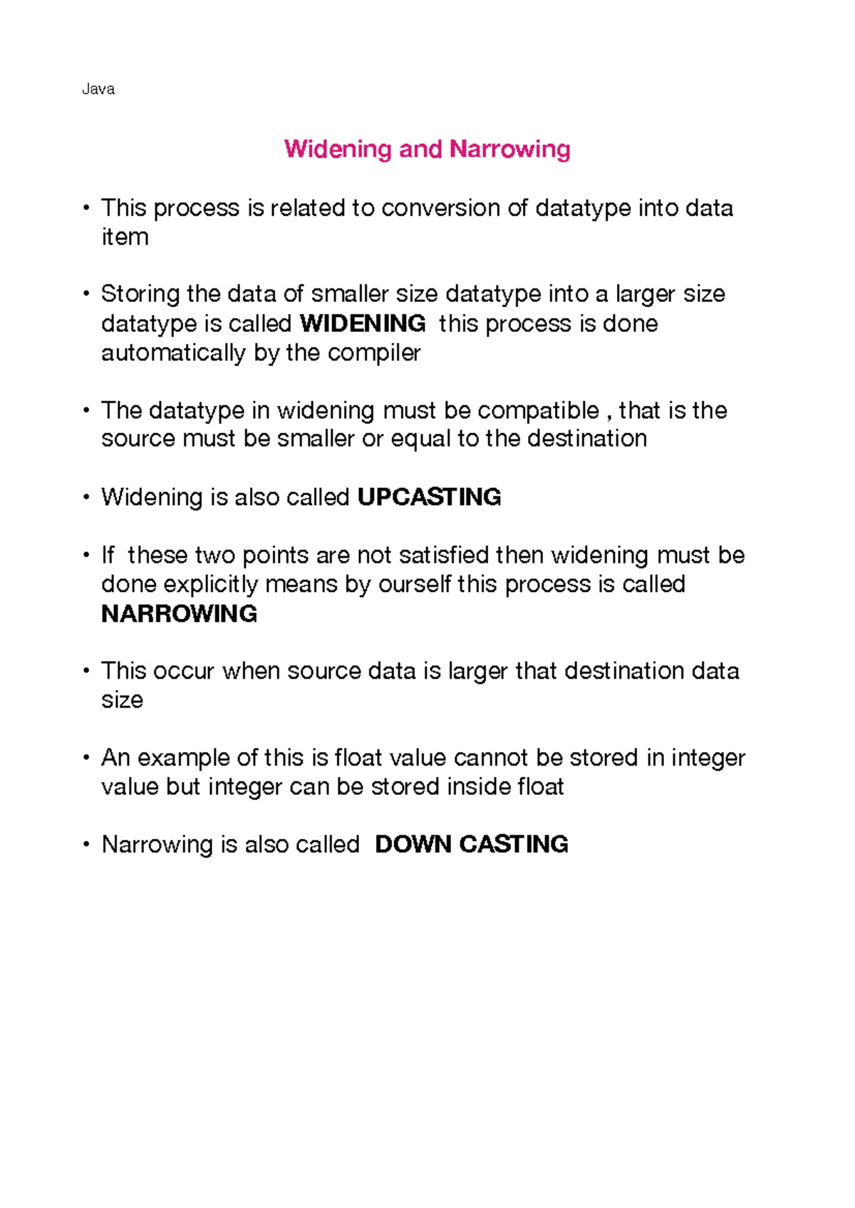 Widening Narrowing41 Java Widening and Narrowing This process is