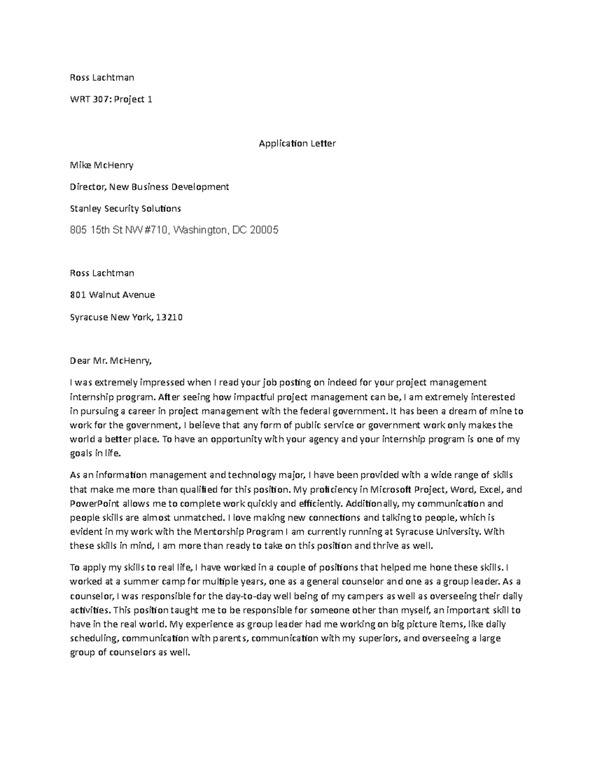 Application Letter - Ross Lachtman WRT 307: Project 1 Application ...