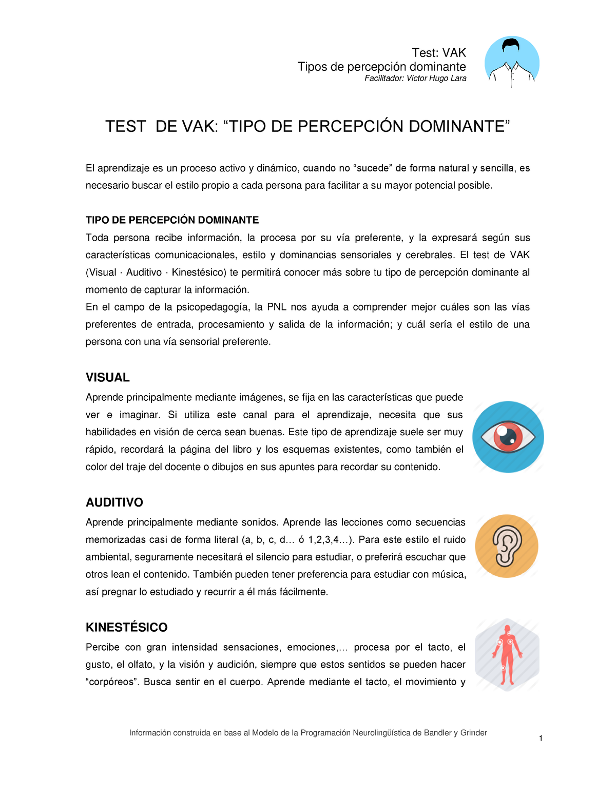 Test-vak-victorhugolara - Tipos de percepción dominante Facilitador: Victor  Hugo Lara TEST DE VAK: - Studocu