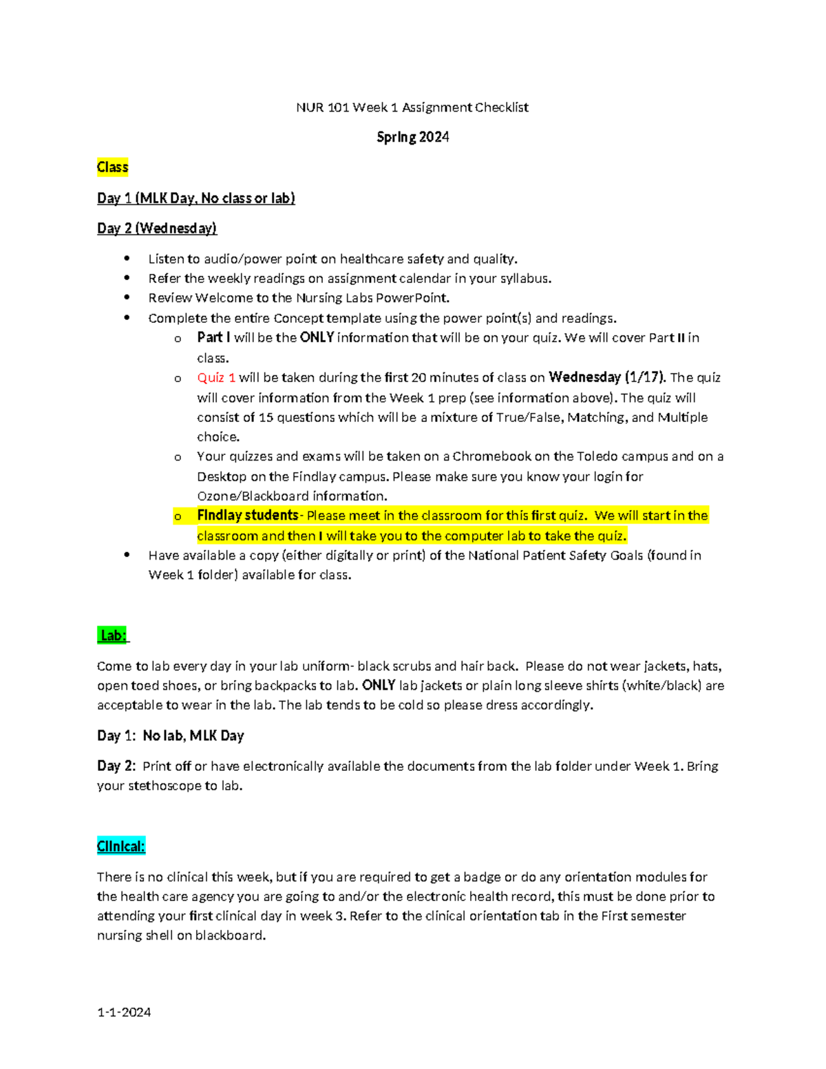 Week 1 Student Checklist Spring 2024(2) - Tagged - NUR 101 Week 1 ...