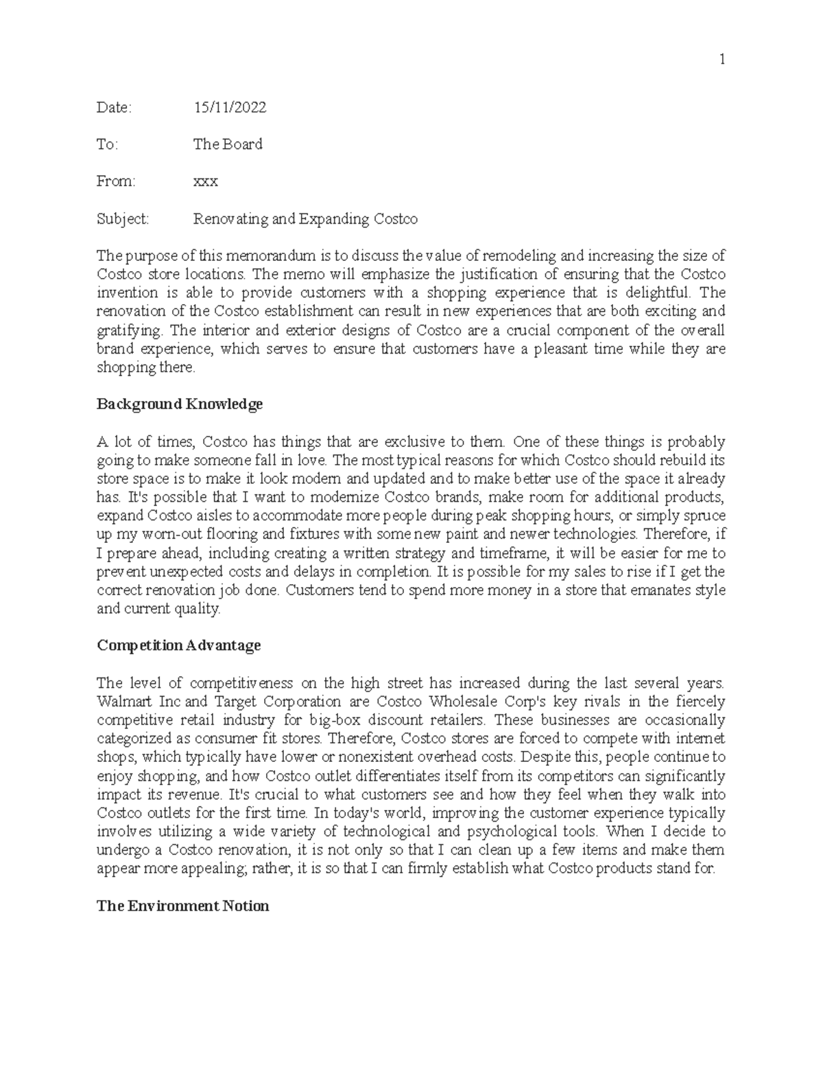 Remodeling Costco Stores (Memo) Date 15/11/ To The Board From xxx