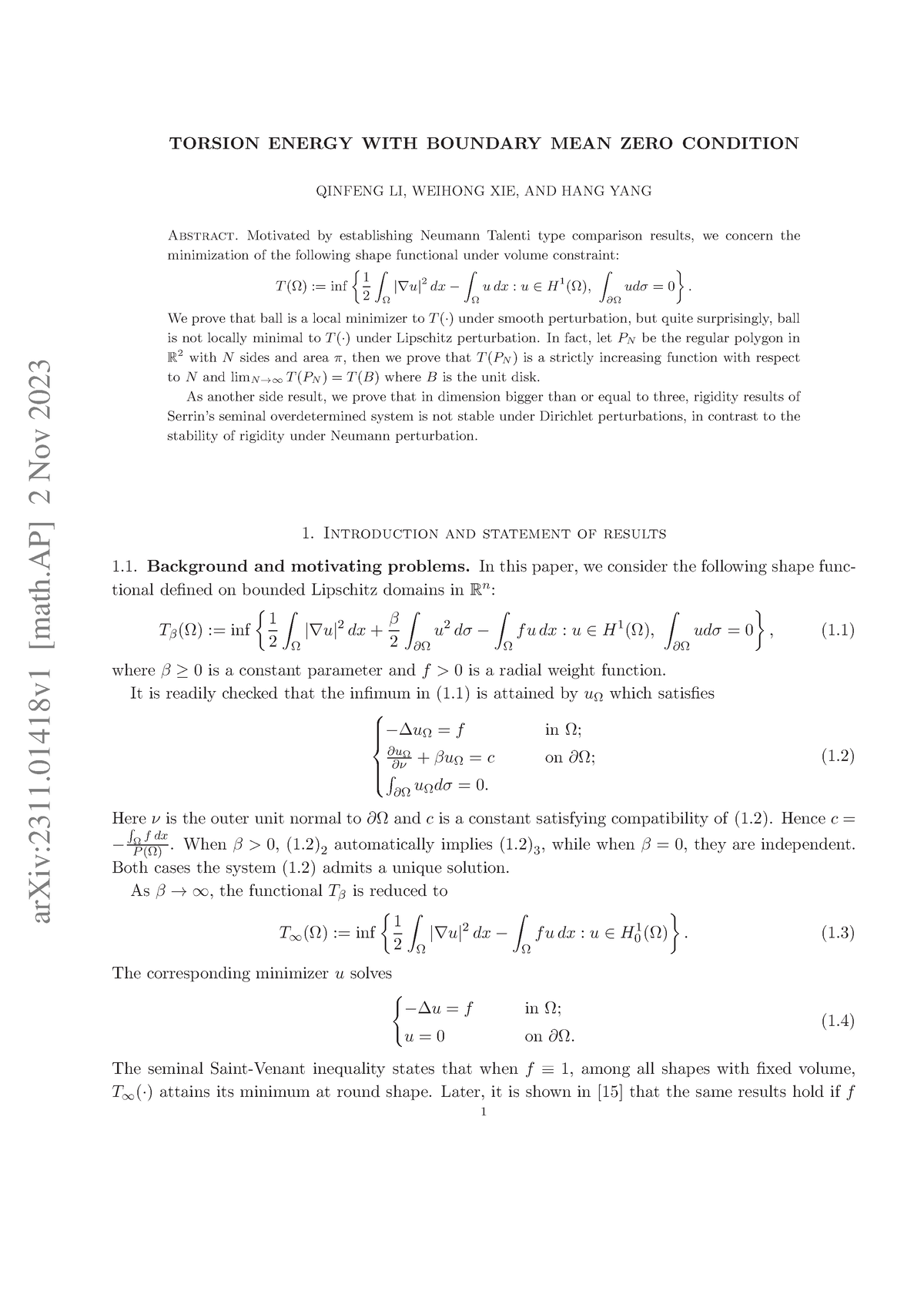 Torsion Energy WITH Boundary MEAN ZERO Condition - ArXiv:2311 [math] 2 ...