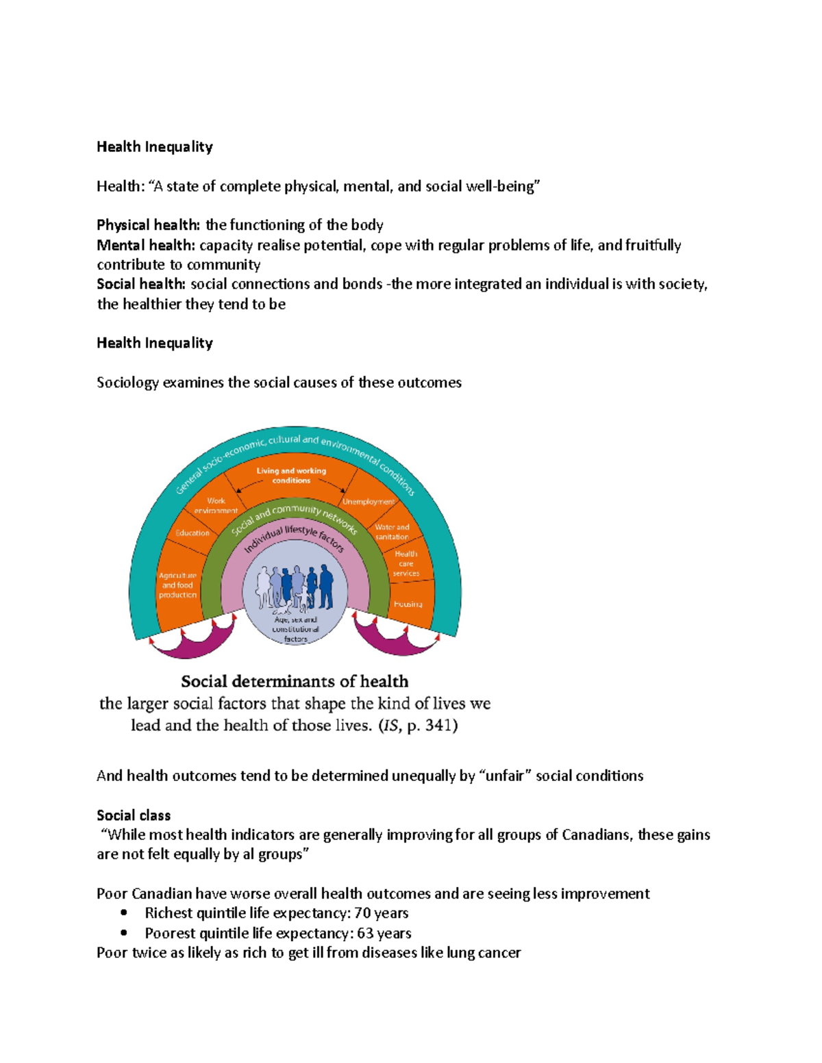 Health Inequality - Week 9 notes - Health Inequality Health: “A state ...
