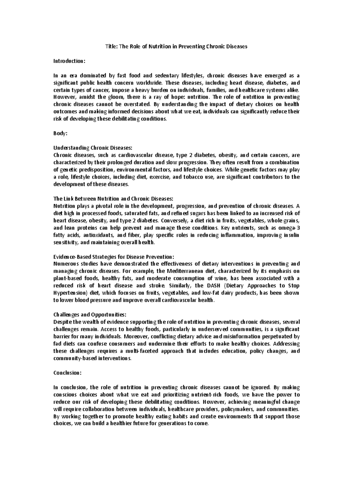 The Role of Nutrition in Preventing Chronic Diseases - Title: The Role ...