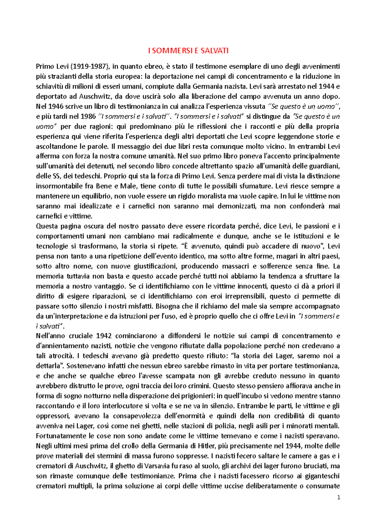 I sommersi e i salvati - Riassunto libro - I SOMMERSI E SALVATI Primo ...
