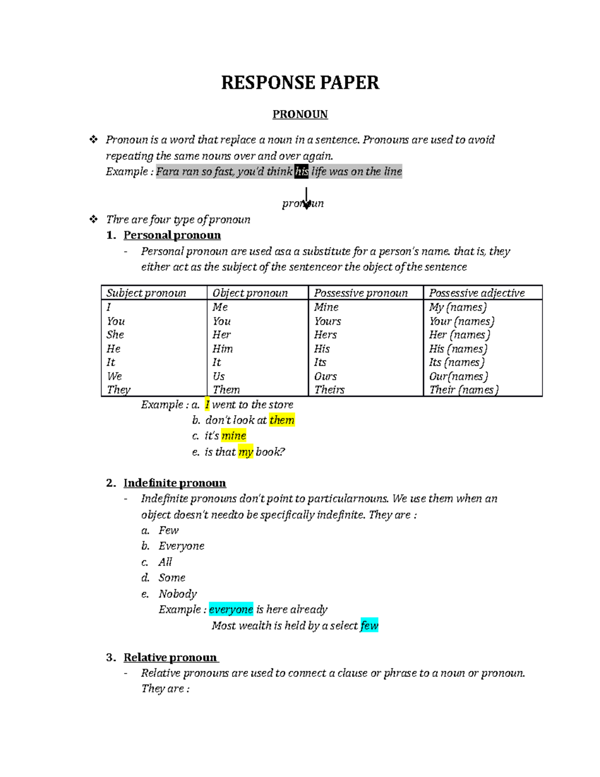 Pronoun Pronouns are used to avoid repeating the same nouns over and
