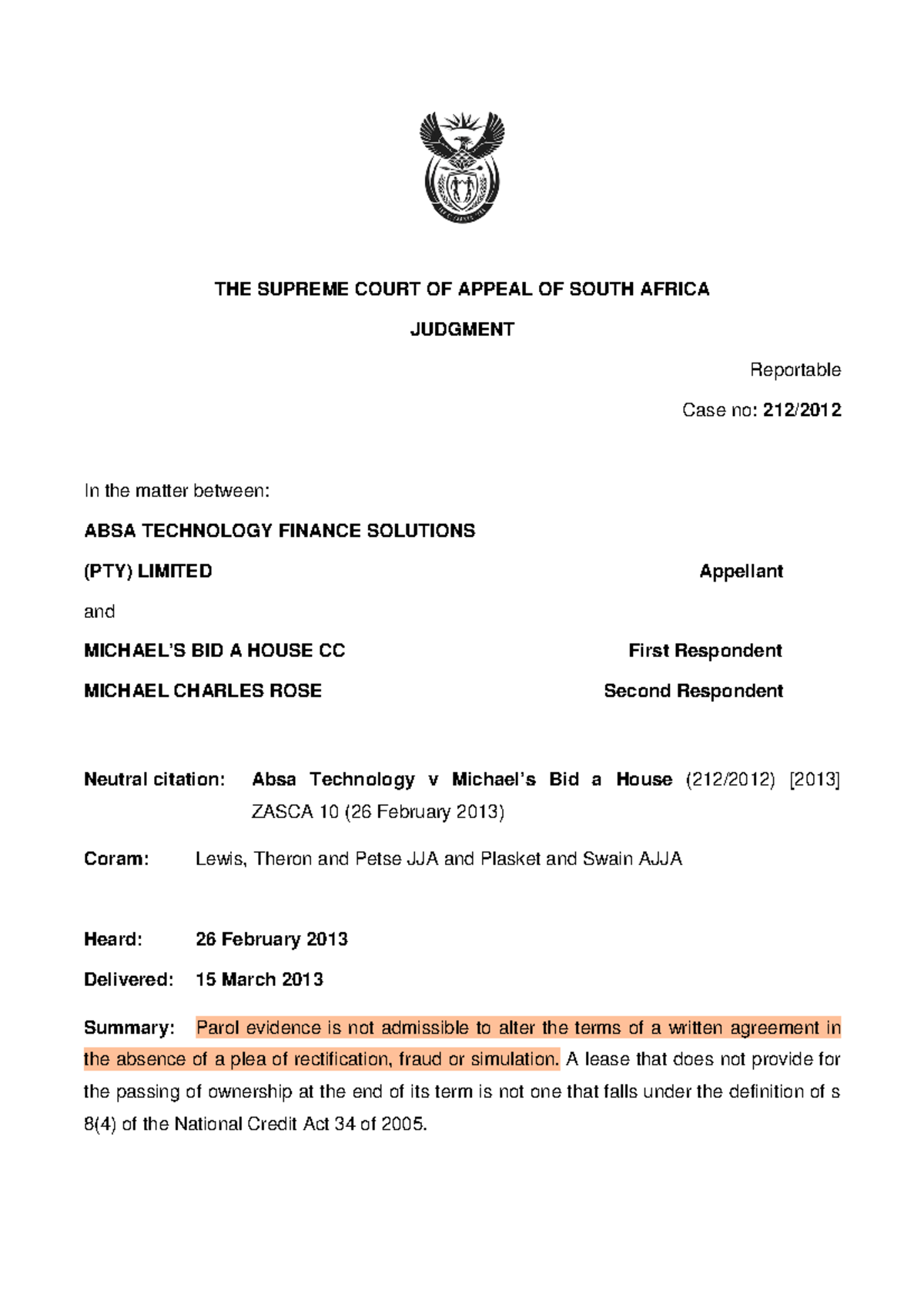 ABSA case highlighted notes - THE SUPREME COURT OF APPEAL OF SOUTH ...