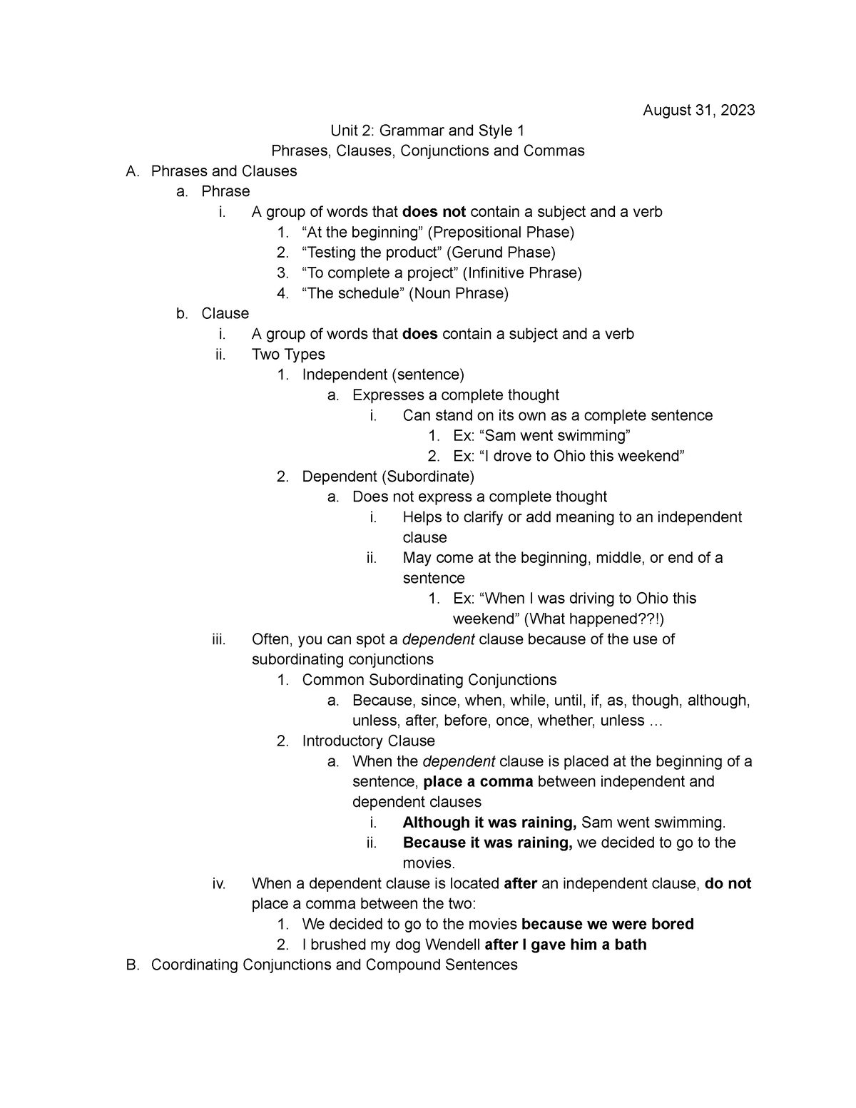 ENG 306 Unit 2 Grammar and Style 1 - August 31, 2023 Unit 2: Grammar ...