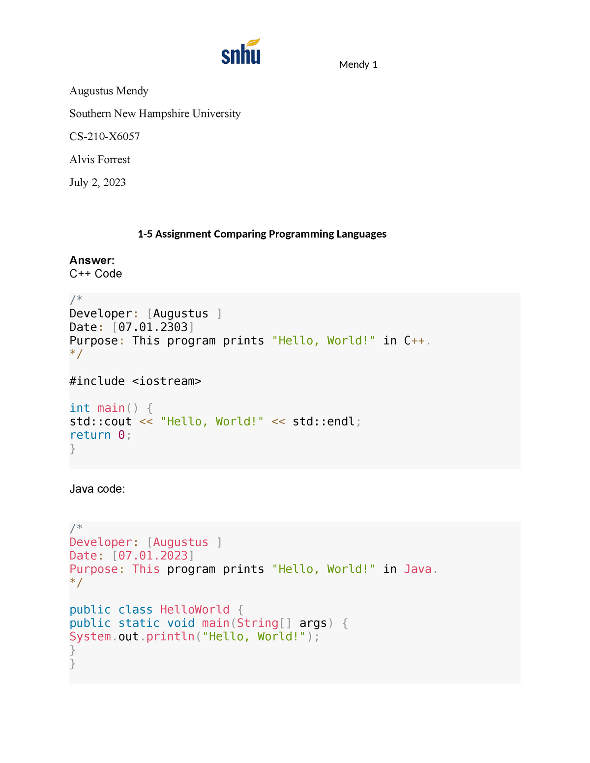 1 5 assignment comparing programming languages