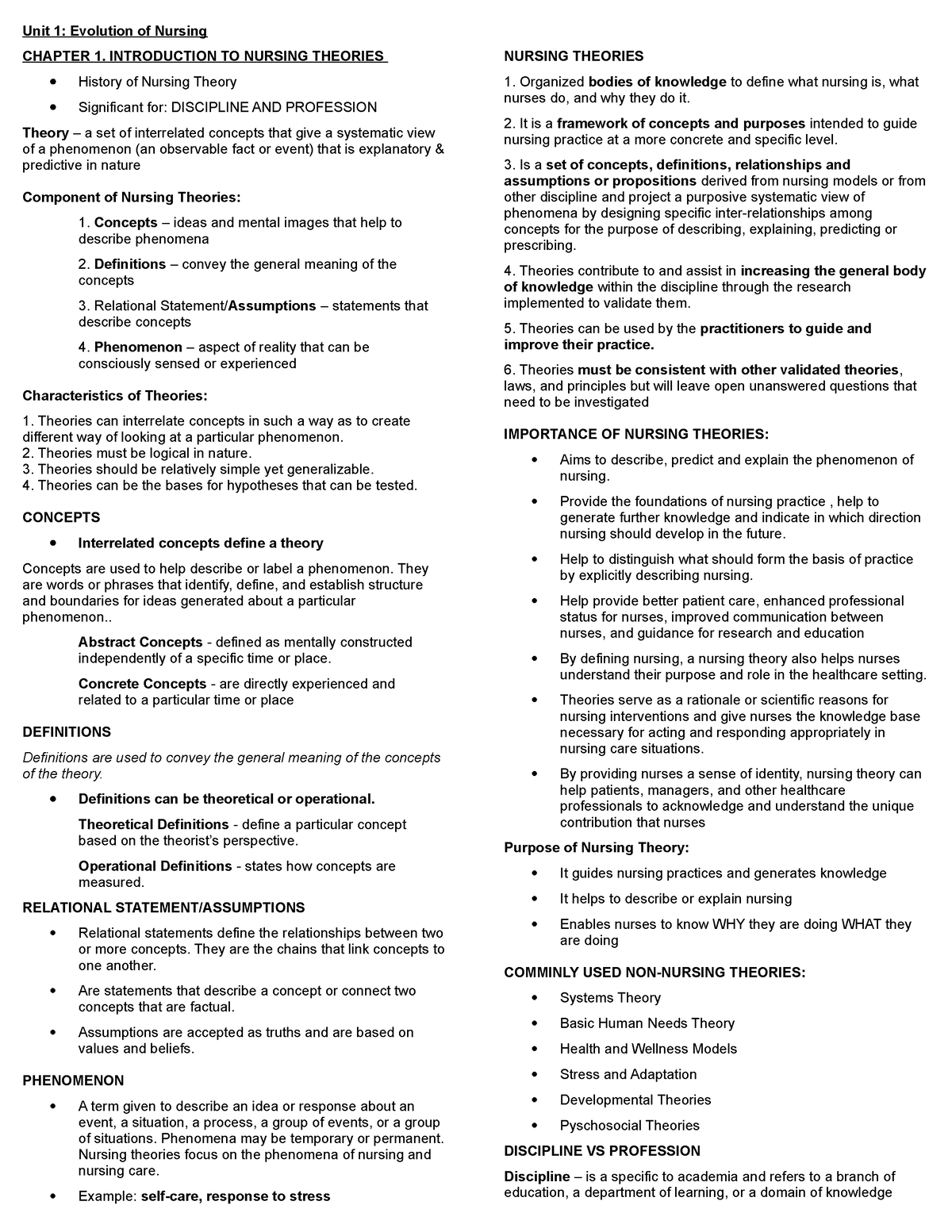 Tfn notes - Unit 1: Evolution of Nursing CHAPTER 1. INTRODUCTION TO ...