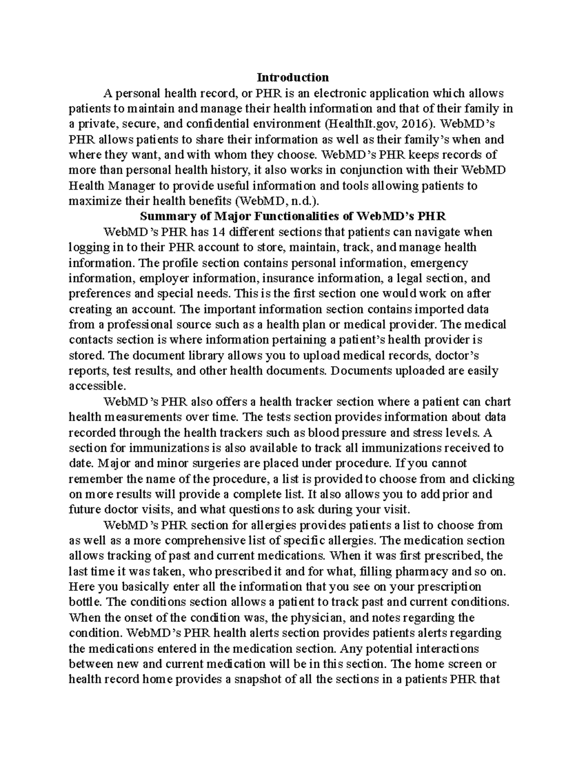 PHR Evaluation Report - weekly assignment - Introduction A personal ...