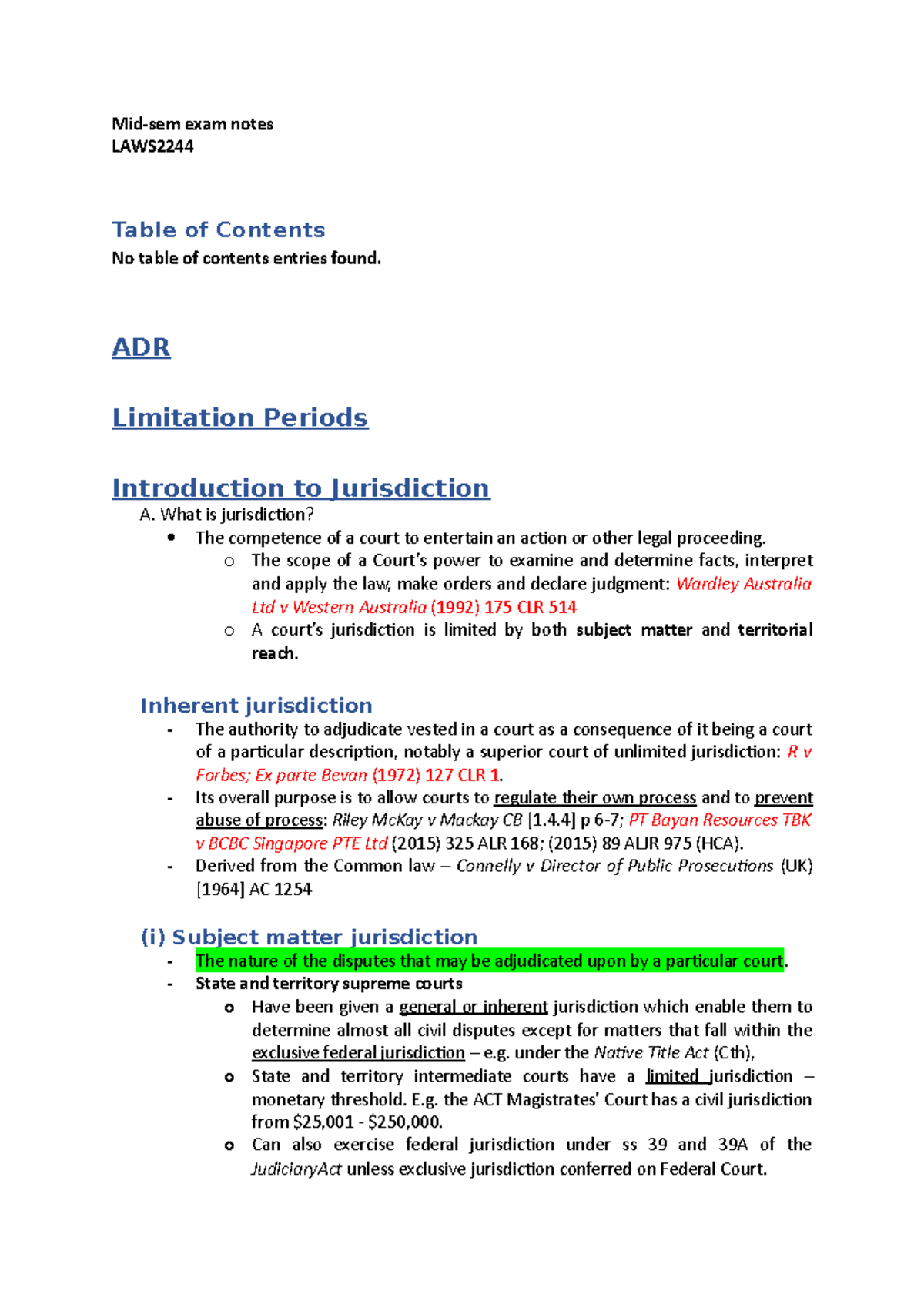 Mid-Semester exam notes - Mid-sem exam notes LAWS Table of Contents No ...