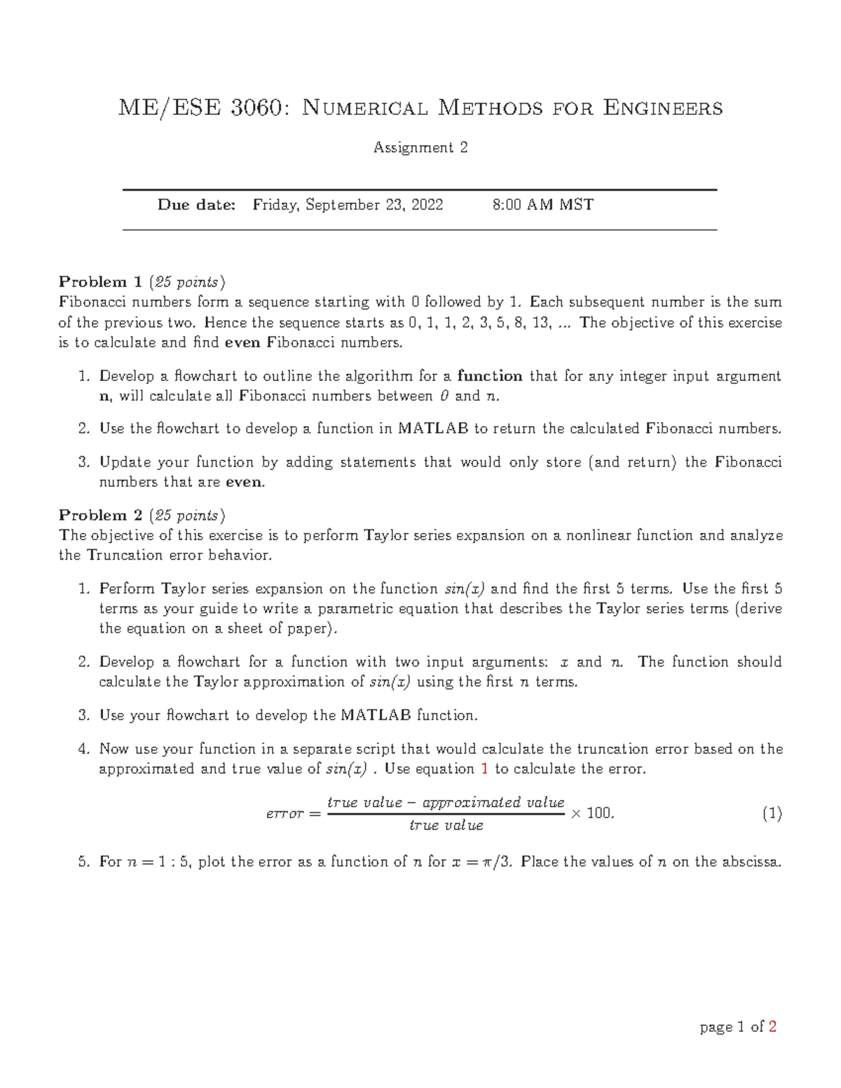 Assignment 2 - Study Help - ME/ESE 3060: Numerical Methods For ...