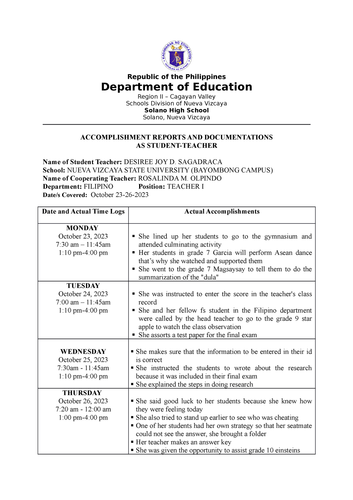 Accomplishment 5 Ko Watch Republic Of The Philippines Department Of Education Region Ii 