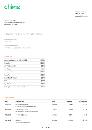 Chime Checking Statement July 2022 - Checking Account Statement ...