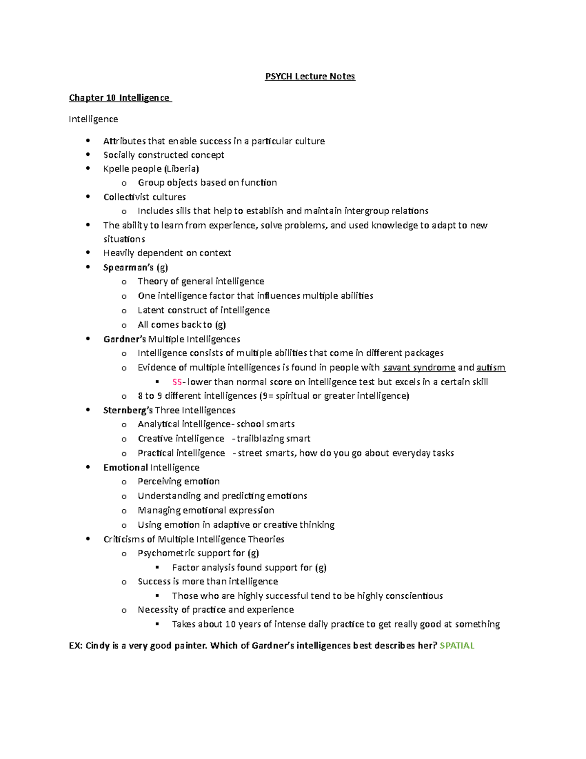 Psych Ch. 10 Lecture - PSYCH Lecture Notes Chapter 10 Intelligence ...