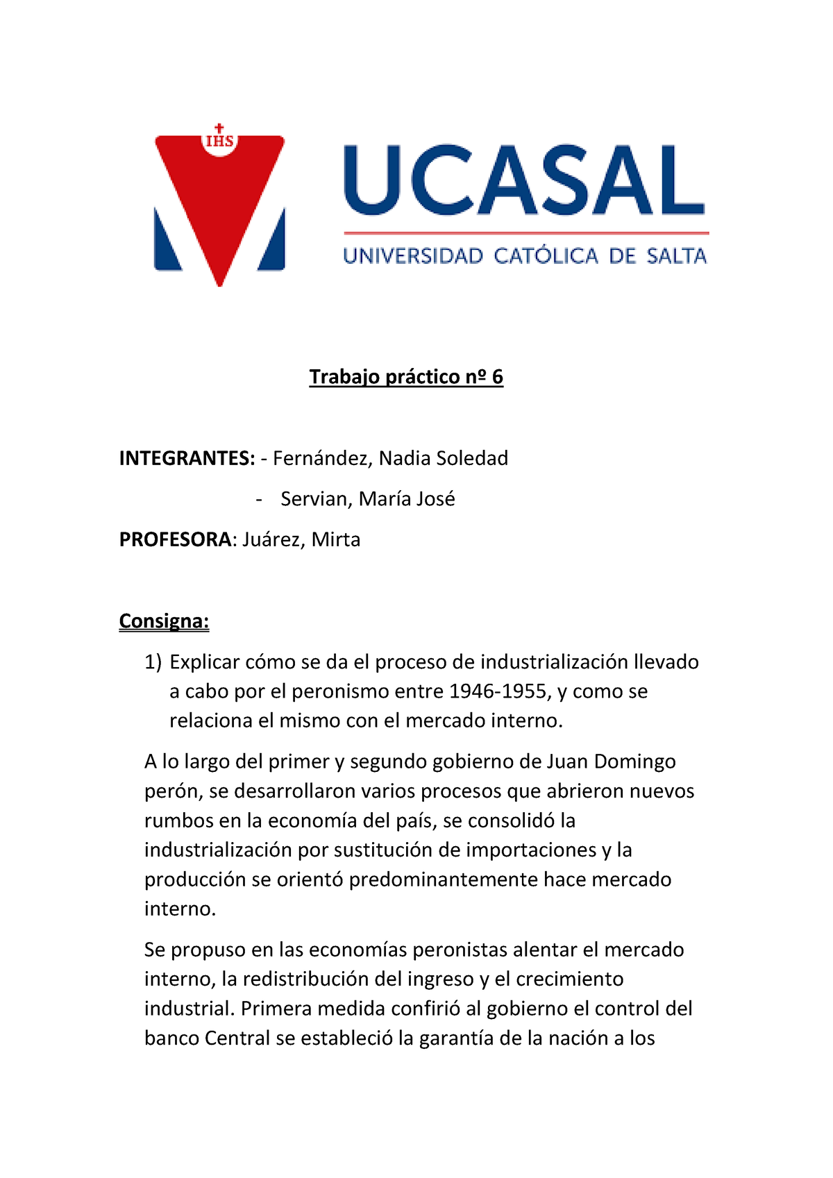 Trabajo Práctico Nº 6 - Nota 9 - Trabajo Pr·ctico N∫ 6 INTEGRANTES ...