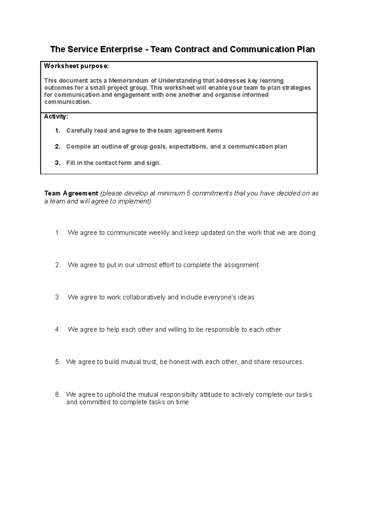 The Service Enterprise Team Contract - This worksheet will enable your ...