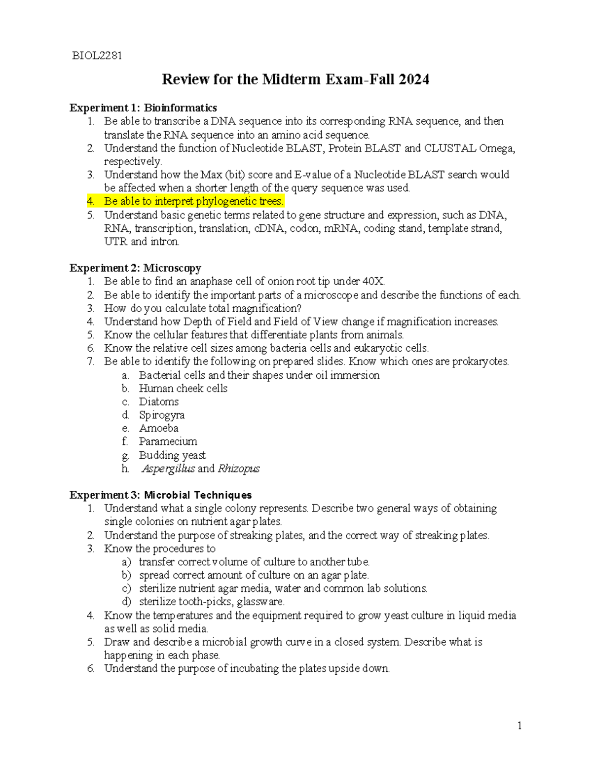 Midterm Review E1 E5 BIOL2281-Fall 2024 - BIOL Review for the Midterm ...