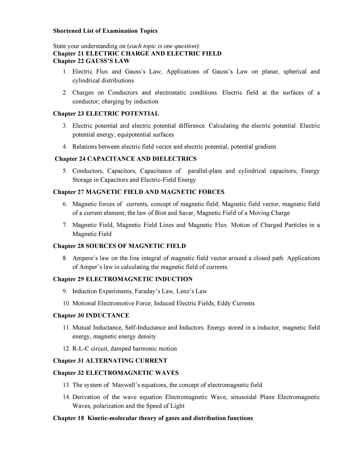 Ph1026 Examination Topics Theoretical Part Shortened List