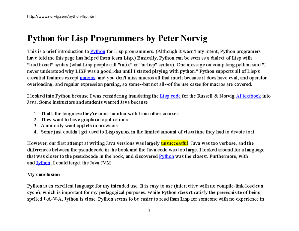 Python for Lisp Programmers by Peter Norvig - (Although it wasn't my ...